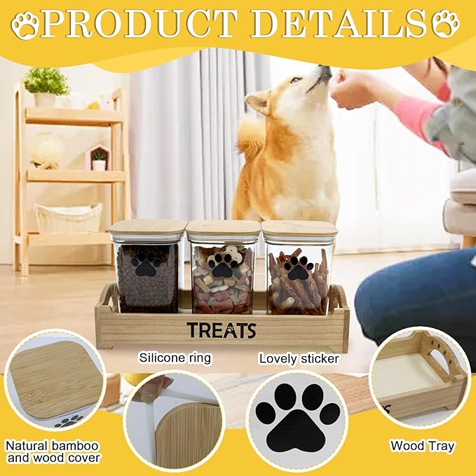 Geyecete dog treat container for Countertop pet treat container with 3 Jars dog treat jars For Puppy Airtight Wooden Dog Treat Storage With wood Lids