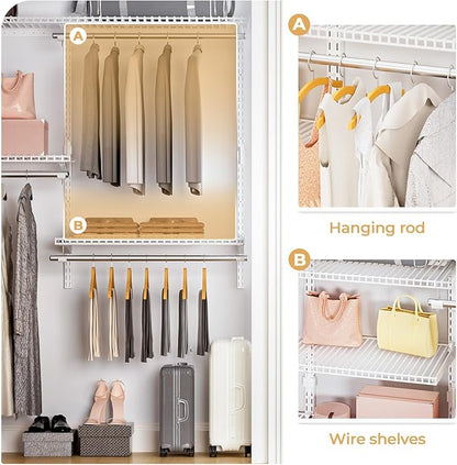 Wire Closet Organizer System, Wall Mounted 4.4 Ft. Custom Closet Kit for Bedrooms Laundry Mudroom Garage Basement, Adjustable Storage Shelves for Clothes Shoes Handbags