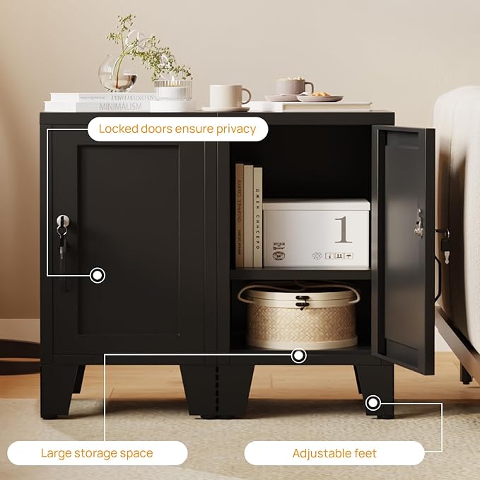 ALBAD Metal Nightstand with Lockable Cabinet, Compact Mini Locker Bedside Table for Kids & Adults, Modern Steel Side Table for Bedroom, Dorm, or Living Room (Black)