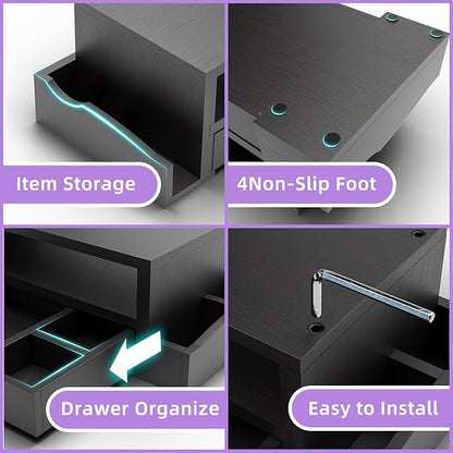 Simple Trending Monitor Stand Riser and Computer Wood Desk Organizer with Drawer and Pen Holder for Laptop, Computer, iMac, Black