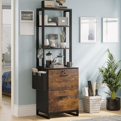 Itaar 2 Drawer File Cabinet with Lock, Filing Cabinet for Home Office fits Legal/Letter/A4 Size, Printer Stand with Adjustable Storage Shelf and Hook, Rustic Brown