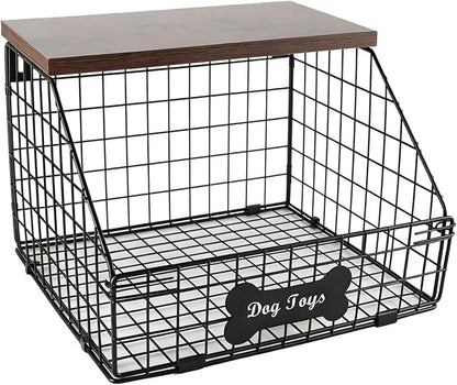 Metal Dog Toy Basket (11.8"x12"x8"),Dog Storage Organizer,Trapezoid Dog Toy Bin for Dog Accessories,Pet Stuff Storage Rack with Wood Shelf-Sturdy and Easy to Assemble