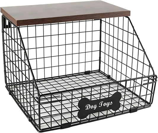 Metal Dog Toy Basket (11.8"x12"x8"),Dog Storage Organizer,Trapezoid Dog Toy Bin for Dog Accessories,Pet Stuff Storage Rack with Wood Shelf-Sturdy and Easy to Assemble