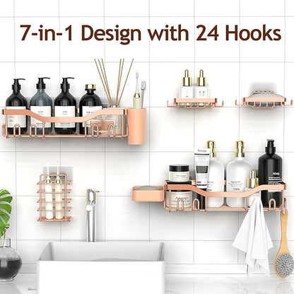 Shower Caddy Adhesive Shower Organizer 7-Pack, Rustproof Stainless Steel Bathroom Shelves, Large Capacity No-Drill Rack Storage Accessories with Soap Dish Toothbrush Holder Hooks