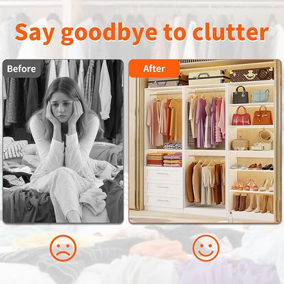 Closet System of 3 Sets, 6-15FT Closet Organizer System Wood with 3 Drawers & 7 Shelves, Walk in Closet Organizer Shelving System with 6 Hanging Rods, Modular Closet System Kits Adjustable, White