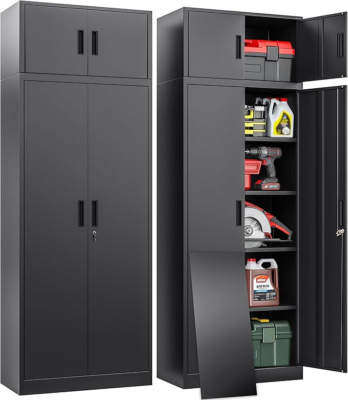 BESFUR Metal Storage Cabinet 87" H，Black Locking Storage Cabinets with Top Cabinet and 4 Adjustable Shelves for Home Office, Garage,School, Apartment, Warehouse, Utility Room