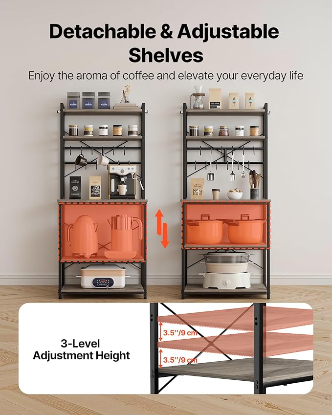 VEVOR Bakers Rack, 23.6 inch Width Microwave Stand,Kitchen Stand with X-Shaped Support Bar & 12 S-Shaped Hooks,Kitchen Storage Shelf for Dish Storage, Spice Jars, Coffee Bar Organization