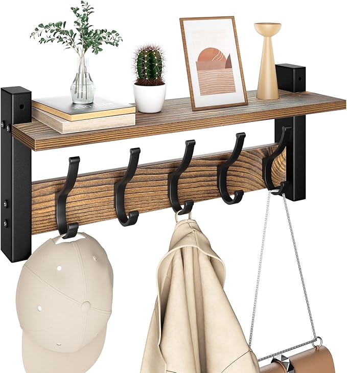 Coat Rack Wall Mount with Shelf, 17.1 Inch Coat Hanger, Entryway Wall Key Holder, Hat Rack for Walls, Shelf with 5 Coat Hooks, Purse Hanger for Wall (Brown)