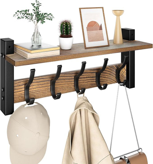 Coat Rack Wall Mount with Shelf, 17.1 Inch Coat Hanger, Entryway Wall Key Holder, Hat Rack for Walls, Shelf with 5 Coat Hooks, Purse Hanger for Wall (Brown)