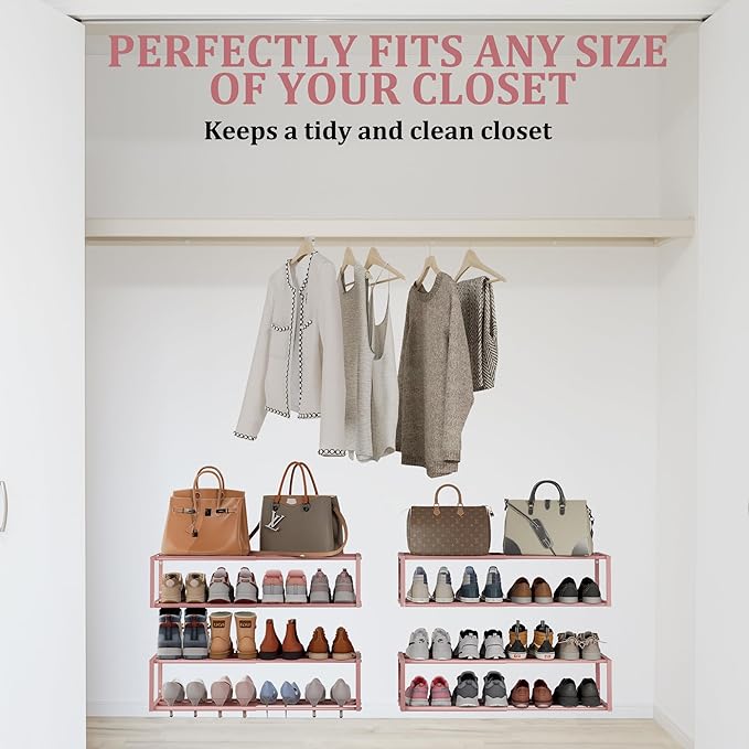 Expandable Wall Mounted Shoe Rack, 17"-31" Adjustable Hanging Shoe Rack Holds 8 Pairs, Heavy Duty Metal Shoe Holder with 2 Storage Hooks, Space Saving for Entryway Closet Doorway（Pink）