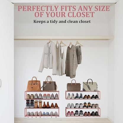 Expandable Wall Mounted Shoe Rack, 17"-31" Adjustable Hanging Shoe Rack Holds 8 Pairs, Heavy Duty Metal Shoe Holder with 2 Storage Hooks, Space Saving for Entryway Closet Doorway（Pink）