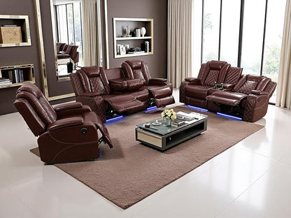 Living Room Furniture Sets, Power Reclining Sofa Set with LED Light, Brown 3-Piece Power Recliner Sofa with Cup Holders, Storage Console, Drop-Down Table for Office/Living Room/Home Theater