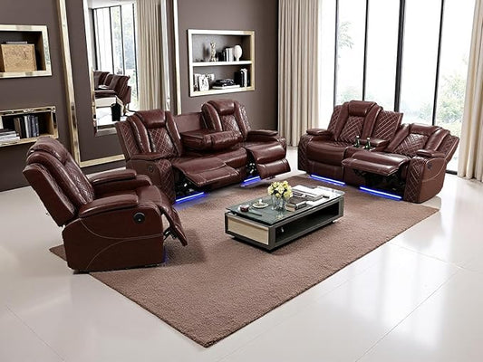 Living Room Furniture Sets, Power Reclining Sofa Set with LED Light, Brown 3-Piece Power Recliner Sofa with Cup Holders, Storage Console, Drop-Down Table for Office/Living Room/Home Theater