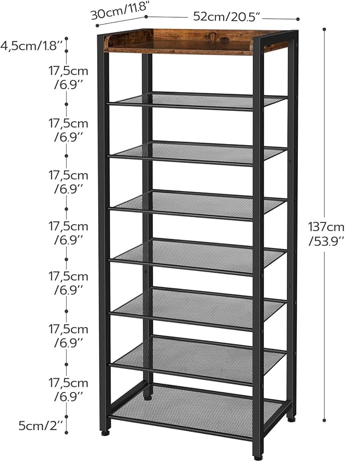 HOOBRO 8-Tier Shoe Rack, 20.5" L Shoe Storage Organizer, Narrow Shoe Shelf, Saving Space, Stable and Sturdy, Hold 14-16 Pairs of Shoes, for Entryway, Hallway, Living Room, Rustic Brown BF48XJ01
