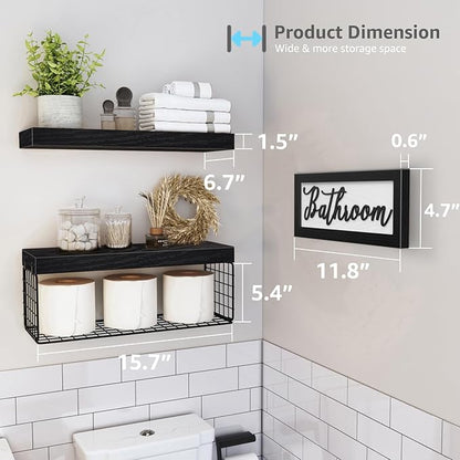 QEEIG ‎Bathroom Shelves Over Toilet - Paper Storage Wall Mounted Farmhouse Decor Decorations Aesthetic Décor Sign Small Floating Shelf 2+1 Set 16 inch, Black (020B)
