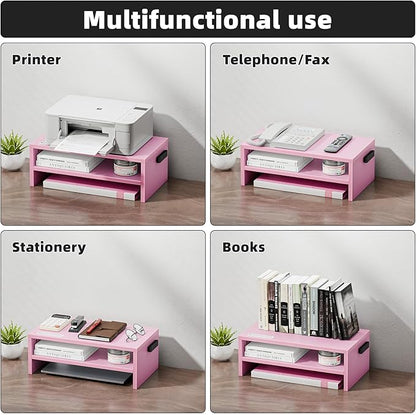 Marbrasse Monitor Stand Riser, 16.5 Inch 2 Tier Computer Printer Shelf Stand for Laptop Computer Screen Storage, Desktop Stand with Phone Holder and Cable Management (Pink)