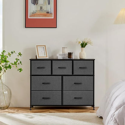 Sweetcrispy 7 Drawer Dresser Storage Organizer with Fabric Bins, Sturdy Steel Frame and Wood Top, Easy Pull Handles, for Bedroom Closet Hallway Entryway,Grey