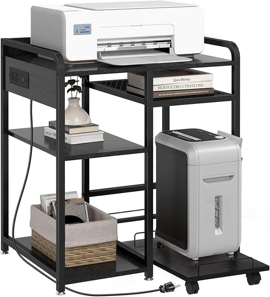 Livofloral Printer Stands with Charging Station, 23.6 x 18.9 Inch Large Printer Stand with Storage for Home Office, Printer Table with Power Outlet USB Port, Printer Shredder Stand with Wheels, Black