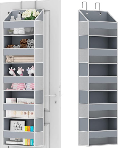 Over The Door Organizer - Over Door Storage Organizer with 5 Large Pockets & 10 Mesh Side Compartments - Heavy-Duty Hanging Storage for Bathroom, Bedroom & Closet - Baby Room Organize - Grey