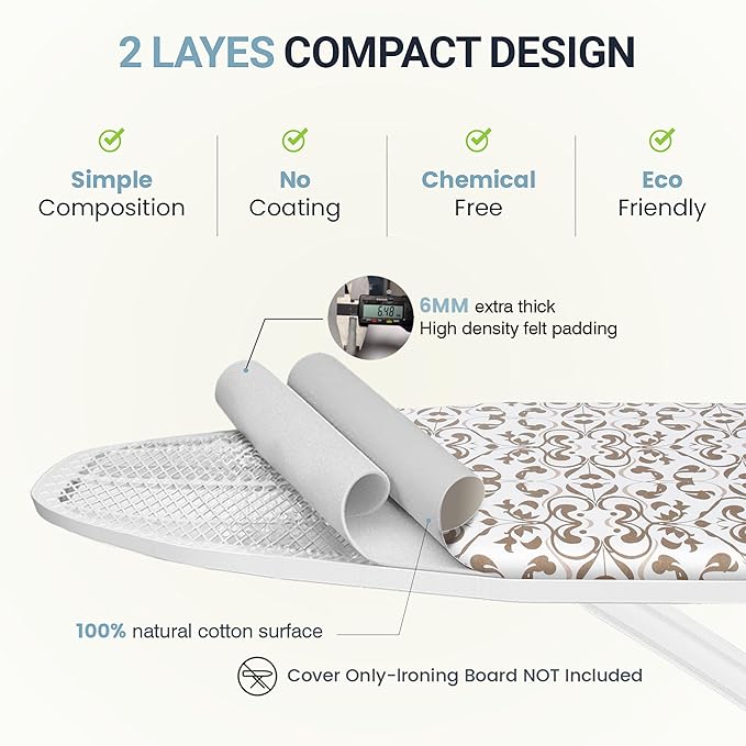 Ironing Board Cover and Pad 18"x54" Extra Thick Natural Cotton, Scorch & Stain Resistant Iron Board Cover, Extra Large Iron Board Cover with Fasteners Heavy Duty Heatproof Elastic Edge Foliage