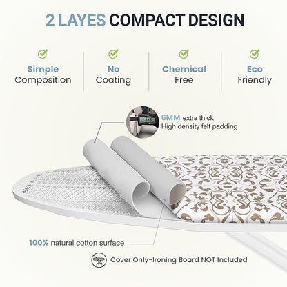 Ironing Board Cover and Pad 18"x54" Extra Thick Natural Cotton, Scorch & Stain Resistant Iron Board Cover, Extra Large Iron Board Cover with Fasteners Heavy Duty Heatproof Elastic Edge Foliage