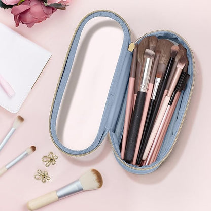 Clear Travel Makeup Brush Holder, Leather Makeup Brush Toiletry Bag, Portable Cosmetic Brush Case, Transparent Waterproof Makeup Brush Storage Bag, Blue