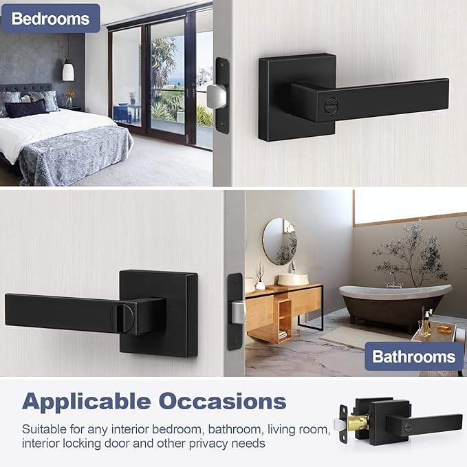 Estmoon 4 Pack Black Door Handles - Interior Door Knobs with Lock for Bedrooms, Keyless Privacy Door Levers, Heavy Duty Zinc Alloy 2.07 lb Door Lever Set for Bedrooms Bathrooms