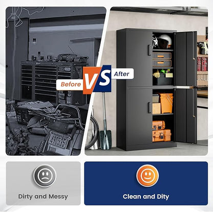 Yizosh Metal Storage Locking Cabinet with 4 Doors and 2 Adjustable Shelves,71" Lockable Garage Tall Steel Cabinet,for Home Office,Living Room,Pantry,Gym,Commercial Storage (Black)