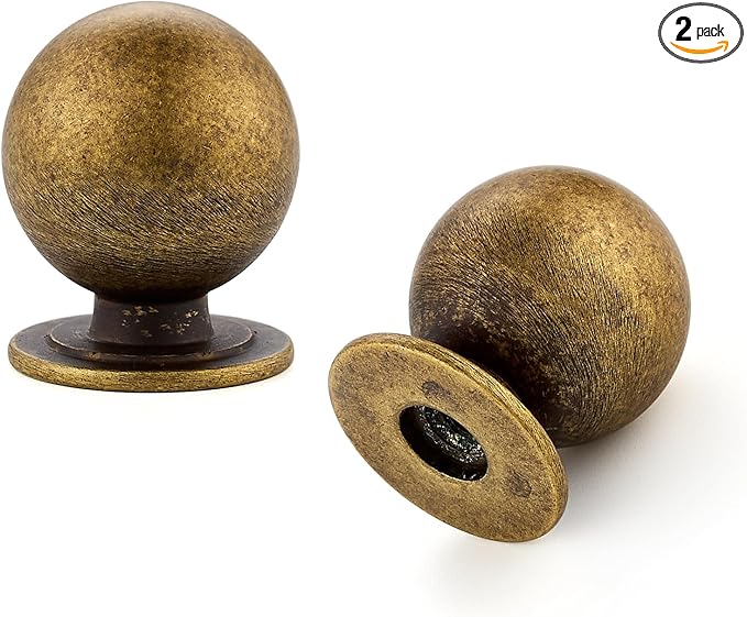 2 Pack Antique Brass Cabinet Knobs, Round Dresser Knobs, Ball Kitchen Cabinet Hardware, 0.95" Diameter