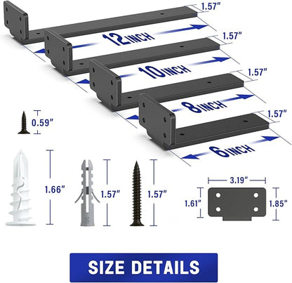 Goovilla Shelf Bracket, Heavy Duty Floating Shelf Brackets 12 inch Long, 6 Pack Brackets for Shelves, Black Coated Metal Wall Shelf Support Brackets with 1/5 Inch Thick and 160 lb. Load Capacity