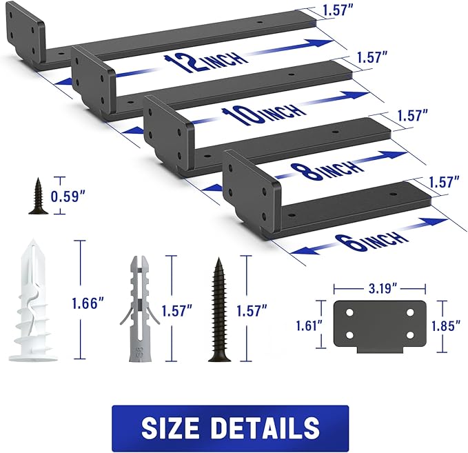 Goovilla Shelf Bracket, Heavy Duty Floating Shelf Brackets 8 inch Long, 6 Pack Brackets for Shelves, Black Coated Metal Wall Shelf Support Brackets with 1/5 Inch Thick and 160 lb. Load Capacity