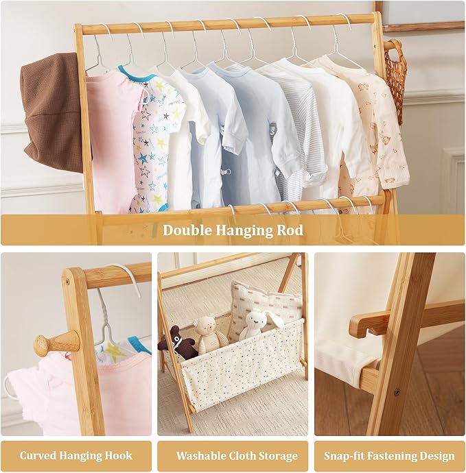 Kids Clothing Rrack- Kids Dress Up Rack for Little Girls, Bamboo Kids Clothes Rack, Toddler Dress Up Storage Rack & Folding Costume Rack, Double Rods, Pets Clothes Rack with Storage, Spot