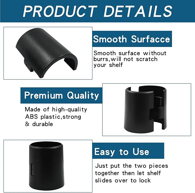 32Pcs (16 Pairs) Wire Shelf Clips, 1.5"(38.3mm Inner Diameter) Post Wire Shelving Shelf Lock Clips, Plastic Black Shelving Sleeves Replacements for Wire Shelving System