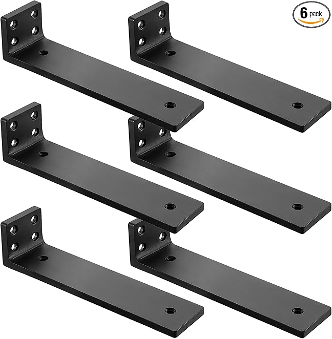 Floating Shelf Brackets 6 inch, Heavy Duty Wall Shelf Bracket 6 Pack for Shelves Support, Hidden Metal L Brackets with Mounting Hardware (1/5'' Thick)