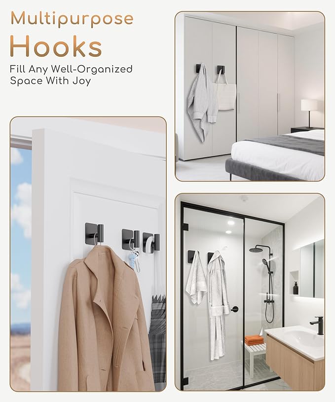 4 Pack Large Heavy Duty Wall Hooks - 26lb Max, Stainless Steel Adhesive Towel Hook, Shower Hooks for Hanging Towel, Coat, Robe, Wall Hook for Use in Bathroom, Kitchen and Door, Matte Black