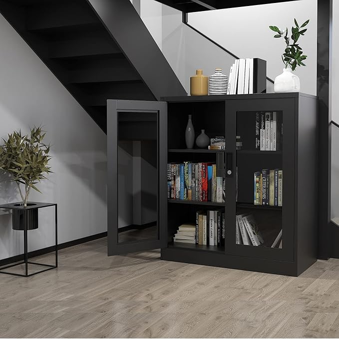 Letaya Storage Cabinet,36" Steel Locker, Lockable Glass Door,2 Adjustable Shelf Organizer Pantry for Office File,Home (36"-Black)