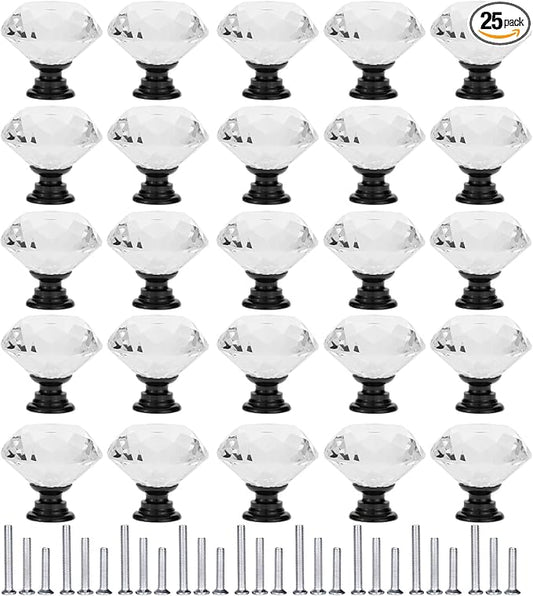 YourGift 25 Pack Drawer Knobs Diamond Shaped Crystal Glass 30mm Cabinet Knobs Pull Handles (30 mm, 25 Pack, Black)