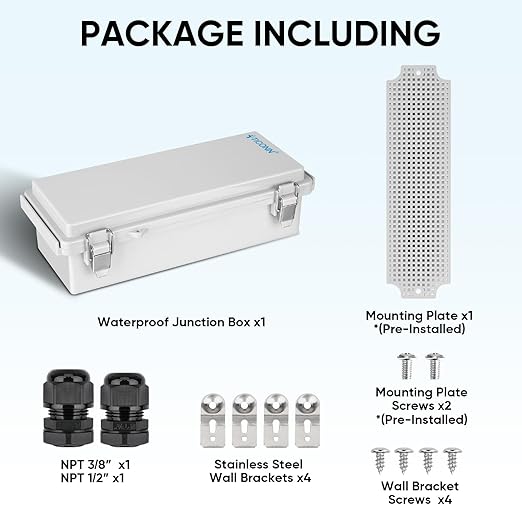 TICONN Outdoor Electrical Box Waterproof, Junction Box IP67 ABS Plastic Enclosure with Hinged Cover with Mounting Plate, Wall Brackets, Cable Glands (Off-White, 10.2"x4.3"x3.0")