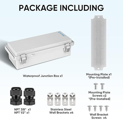 TICONN Outdoor Electrical Box Waterproof, Junction Box IP67 ABS Plastic Enclosure with Hinged Cover with Mounting Plate, Wall Brackets, Cable Glands (Off-White, 10.2"x4.3"x3.0")