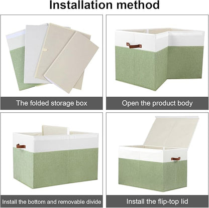 Large Toy Storage Box with Lid, Sturdy Toys Storage Chest Bin Organizer Basket with Dividers for Kids, Boys, Girls, Nursery, Closet, Bedroom, Playroom 26"x17" x17" (Green and White)