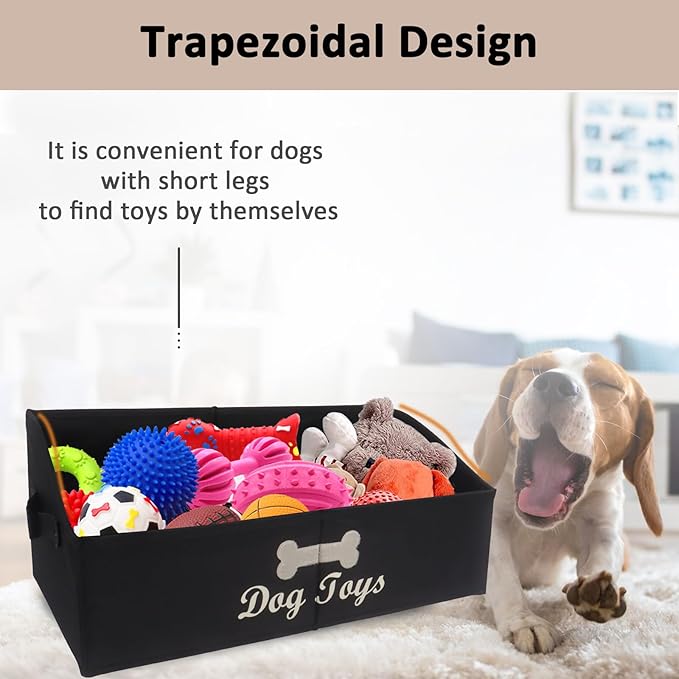 Large Dog Toy Basket Collapsible Dogs Toy Box Fabric Trapezoid Dog Toys Bin Storage for organizing pet Toys/Blankets/leashes/Rope Toys/Clothing-Can be Personalized-Black