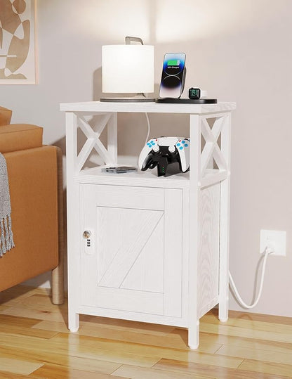Wooden Nightstand with Lock, Bed Side Table with Drawers, Bedside Table with Charging Station, 3 USB & 2 Outlets, Night Stand with Storage, End Tables for Bedroom, Dorm, White
