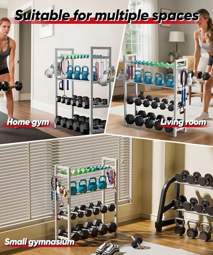 Adjustable Dumbbell Rack, Weight Storage Stand Holder for Dumbbells & Kettlebells, Heavy-Duty Metal Home Gym Workout Organizer with Hook for Gym Equipment Accessories (Rack Only)