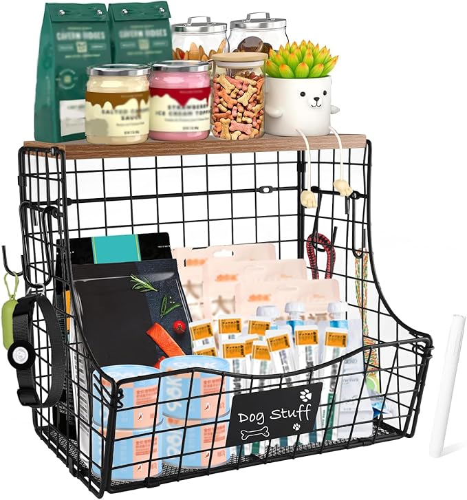 Geyecete pet supplies wall basket storage storage basket Wall wire basket with Wood Lid Nameplat storage rack multifunctional countertop organizer