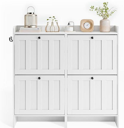 Gizoon Shoe Cabinet with 4 Fijp Drawers, Shoe Storage Cabinet for Entryway, Freestanding Hidden Rack with Open Shelf, Narrow Storage Organizer for Hallway, White