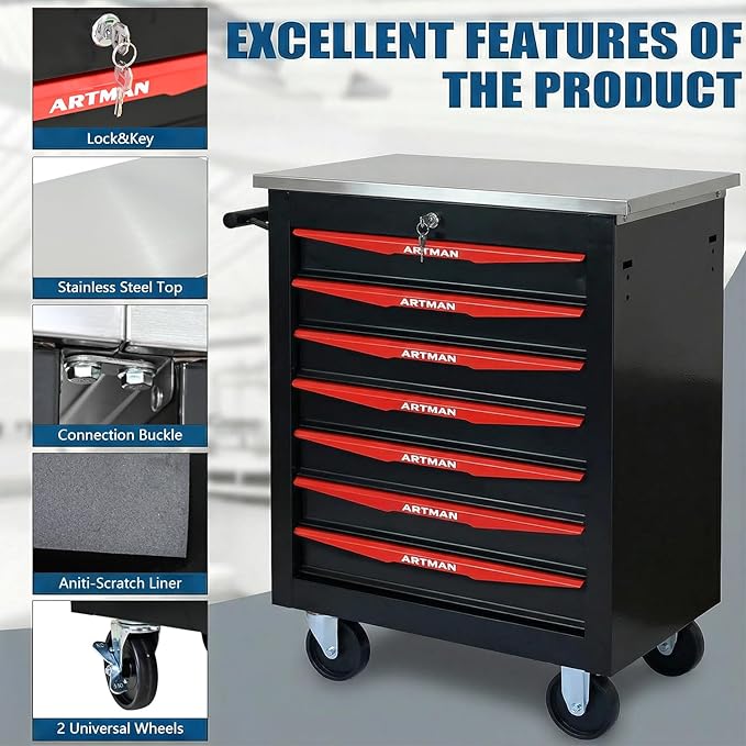 7-Drawer Rolling Tool Chest with Stainless Steel Countertop,Tool Chest with Secure Locking System,Mobile Storage Tool Cabinet with 360°Wheels and Padded Feet,for Home,Garage (Black+Red)