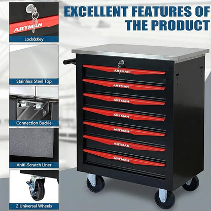 7-Drawer Rolling Tool Chest with Stainless Steel Countertop,Tool Chest with Secure Locking System,Mobile Storage Tool Cabinet with 360°Wheels and Padded Feet,for Home,Garage (Black+Red)