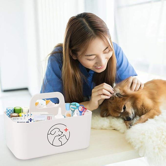 Dog Storage Organizer for Nursing Supplies,Portable Caddy for Pet Stuff,Divided Storage Bin for Dog Cat Feeding Bottle/Pet Pill Shooter/Whelping Kit-Bathroom,Countertop Storage-White