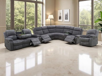 Reclining Sofa Couches with 5 Recliner Seats, 5 Pieces Living Room Furniture Sets, Dark Grey Corduroy Fabric Recliner Sectional Sofa Set with Drop-Down Table, Cup Holder,Storage Console