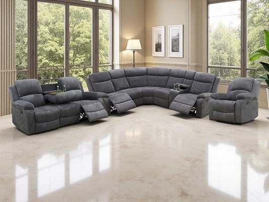 Reclining Sofa Couches with 5 Recliner Seats, 5 Pieces Living Room Furniture Sets, Dark Grey Corduroy Fabric Recliner Sectional Sofa Set with Drop-Down Table, Cup Holder,Storage Console